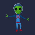 Smiling green alien with big eyes wearing blue space suit, alien positive character cartoon Illustration Royalty Free Stock Photo