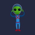 Smiling green alien with big eyes wearing blue space suit standing with his arms raised, alien positive character cartoon I Royalty Free Stock Photo