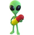 Smiling Green Alien Carrying a Pill Royalty Free Stock Photo