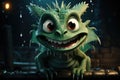 Smiling green cartoon baby dragon. Cute reptile