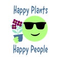 Smiling green emoji holding a flowering plant in a pot, Happy Plants Happy People text