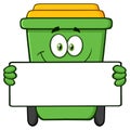 Smiling Green Recycle Bin Cartoon Mascot Character Holding A Blank Sign