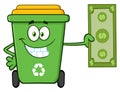 Smiling Green Recycle Bin Cartoon Mascot Character Holding A Dollar Bill. Royalty Free Stock Photo