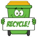 Smiling Green Recycle Bin Cartoon Mascot Character Holding A Recycle Sign