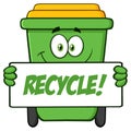 Smiling Green Recycle Bin Cartoon Mascot Character Holding A Recycle Sign.