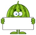 Smiling Green Watermelon Fruit Cartoon Mascot Character Holding A Blank Sign Royalty Free Stock Photo