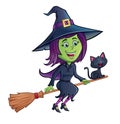 Cute Smiling Green Witch Riding Broomstick With Black Cat