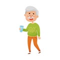 Smiling Grey-Haired Senior Man Standing and Holding a Glass of Water in His Hands Vector Illustration