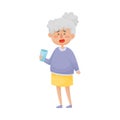 Smiling Grey-Haired Senior Woman Standing and Drinking Water From Glass Vector Illustration