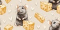 Smiling grey mouse with large cheese chunks and white hearts seamless pattern for nursery decor, textiles, wallpapers, packaging Royalty Free Stock Photo