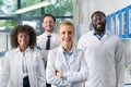 Smiling Group Of Scientists In Modern Laboratory With Female Leader, Mix Race Team Of Scientific Researchers In Lab Royalty Free Stock Photo