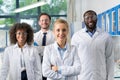 Smiling Group Of Scientists In Modern Laboratory With Female Leader, Mix Race Team Of Scientific Researchers In Lab