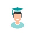 smiling guy avatar. cute happy man with black hair and mortar board cap on head.