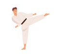 Smiling guy in kimono demonstrate hitting exercise raising leg practicing karate vector flat illustration. Male