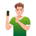 Smiling guy points to the phone in his hand. A happy confident white man advertises an app on a smartphone