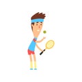 Smiling guy with racket ready to serve tennis ball. Young man in sportswear. Summer Olympic sport game. Flat vector Royalty Free Stock Photo