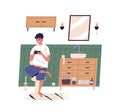 Smiling guy sitting on toilet surfing internet vector flat illustration. Funny male playing game, chatting, scrolling