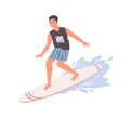 Smiling guy standing on surfboard ride at wave vector flat illustration. Happy relaxed male enjoying active lifestyle