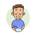 Smiling guy washing hands. Flat design icon. Flat vector illustration. Isolated on white background.