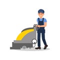 Smiling guy working with vacuum scrubber. Man in blue overall, cap and t-shirt. Flat vector for advertising banner of