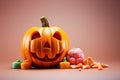 Smiling halloween pumpkin and candies in minimalist style. AI generated