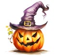 Smiling Halloween pumpkin with a witch\'s hat on top. Watercolour style illustration isolated on white