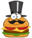 Smiling Hamburger Cartoon Character Gentleman With Cylinder Hat And Mustache