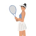 Smiling handsome cartoon girl playing tennis with racket. Time for playing tennis and stretching.