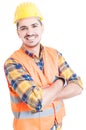 Smiling handsome constructor with folded arms looking cheerful