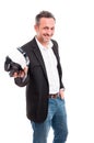 Smiling handsome male holding futuristic vr gadget