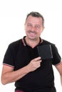 Smiling handsome Man Holding black empty business card ready for text sign logo Royalty Free Stock Photo