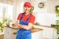 Smiling handsome plumber, repairman looking at camera in the kitchen. Handyman