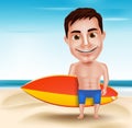 Smiling Handsome Surfer Man Vector Character Holding Surfboard