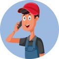 Happy Repairman Answering a Phone Call Vector Cartoon