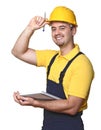 Smiling handyman with notebook