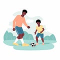 Smiling happy african american father and son having fun together playing football with soccer ball Royalty Free Stock Photo