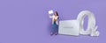 Banner of Asian woman standing next to credit card with 0% interest installment payment plan