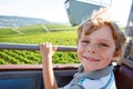 Smiling happy blond littlekid boy in cable funicular over vineyards in summer Royalty Free Stock Photo
