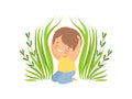 Smiling Happy Boy Sitting in Green Grass, Adorable Little Kid Cartoon Character Playing Outside Vector Illustration Royalty Free Stock Photo