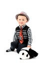 Smiling happy boy with toy shot in the studio on a white background Royalty Free Stock Photo