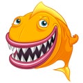 Smiling happy cartoon yellow fish. Funny vector illustration. Isolated on white
