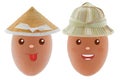 Smiling happy Chicken egg wearing Asian conical straw hat and sun helmet