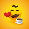 Smiling Happy Coffee Lover - Simple Emoticon with Closed Eyes, Mustache, Red Heart and a Cup of Coffee on Yellow Background