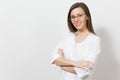 Smiling happy confident beautiful young doctor woman with glasses isolated on white background. Female doctor in medical Royalty Free Stock Photo