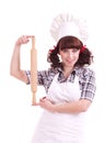 Smiling happy cook woman holds Royalty Free Stock Photo