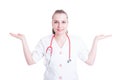 Smiling happy doctor standing with hands up Royalty Free Stock Photo