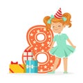 Smiling happy eight year old girl in a red party hat celebrating her birthday, colorful cartoon character vector