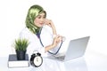 Smiling and happy face female doctor with hijab working at office desk office interior isolated on white background Royalty Free Stock Photo