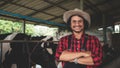 Smiling and happy farmers at the dairy farm. Agriculture industry, farming and animal husbandry concept ,Cow on dairy farm eating Royalty Free Stock Photo