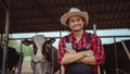 Smiling and happy farmers get income from the dairy farm. Agriculture industry, farming and animal husbandry concept ,Cow on dairy Royalty Free Stock Photo
